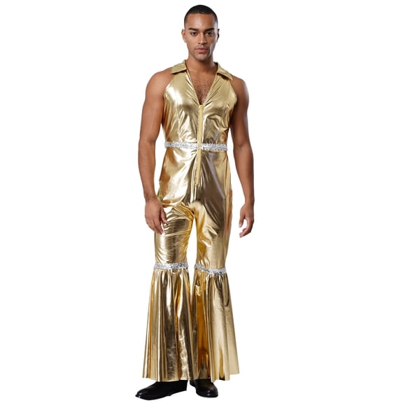 Choomomo Men's 70s Disco Rave Outfits Bodysuit Shiny Metallic Zentai Hippies Jumpsuits for Party Gold XL