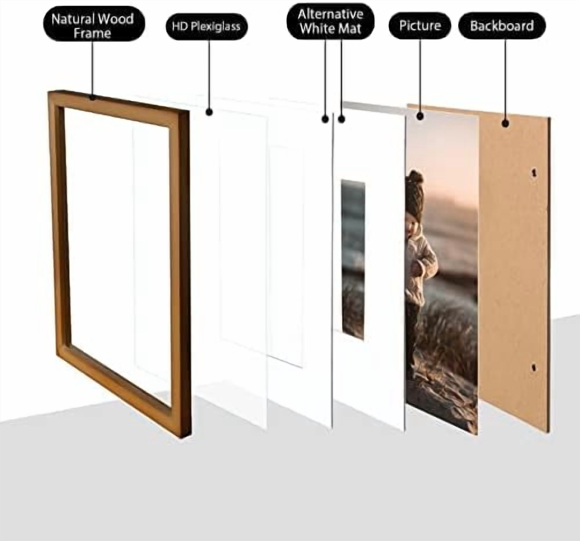 11x14 Picture Frame Brown, Solid Wood Frame 11x14 with Acrylic Plexiglass for Pictures 5x7/8x10 With Mat,Tabletop and Wall Display, 11 x 14 Picture Frame Set of 1