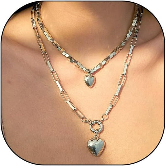 Chunky Silver Bubble Heart Necklace Layered Stackable Love Pendant Necklaces Trendy Geometric Link Chain Necklace Jewelry Prensent for Women