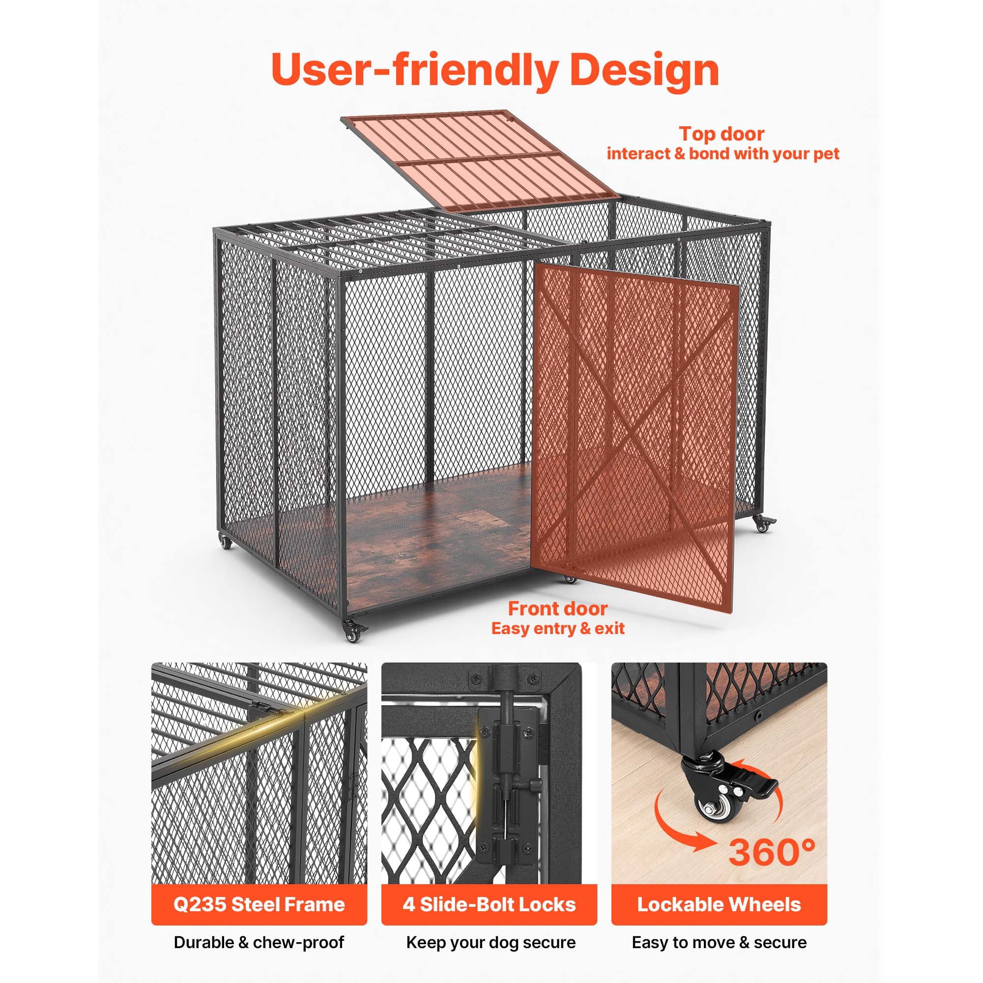 KFFKFF 64-Inch Heavy-Duty Dog Crate, 300 lbs Capacity, Durable Escape-Resistant Kennel for Large Anxious Dogs, Steel Pet Cage with Dual Doors & Lockable Wheels