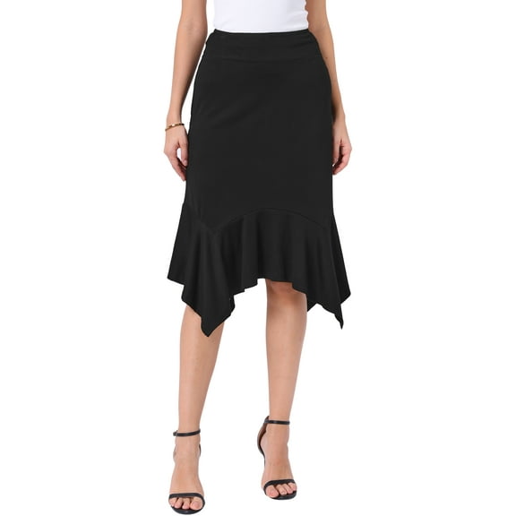 INSPIRE CHIC Ruffled Midi Skirt for Women's High Waist Flowy A-Line Handkerchief Hem Skirt XS Black