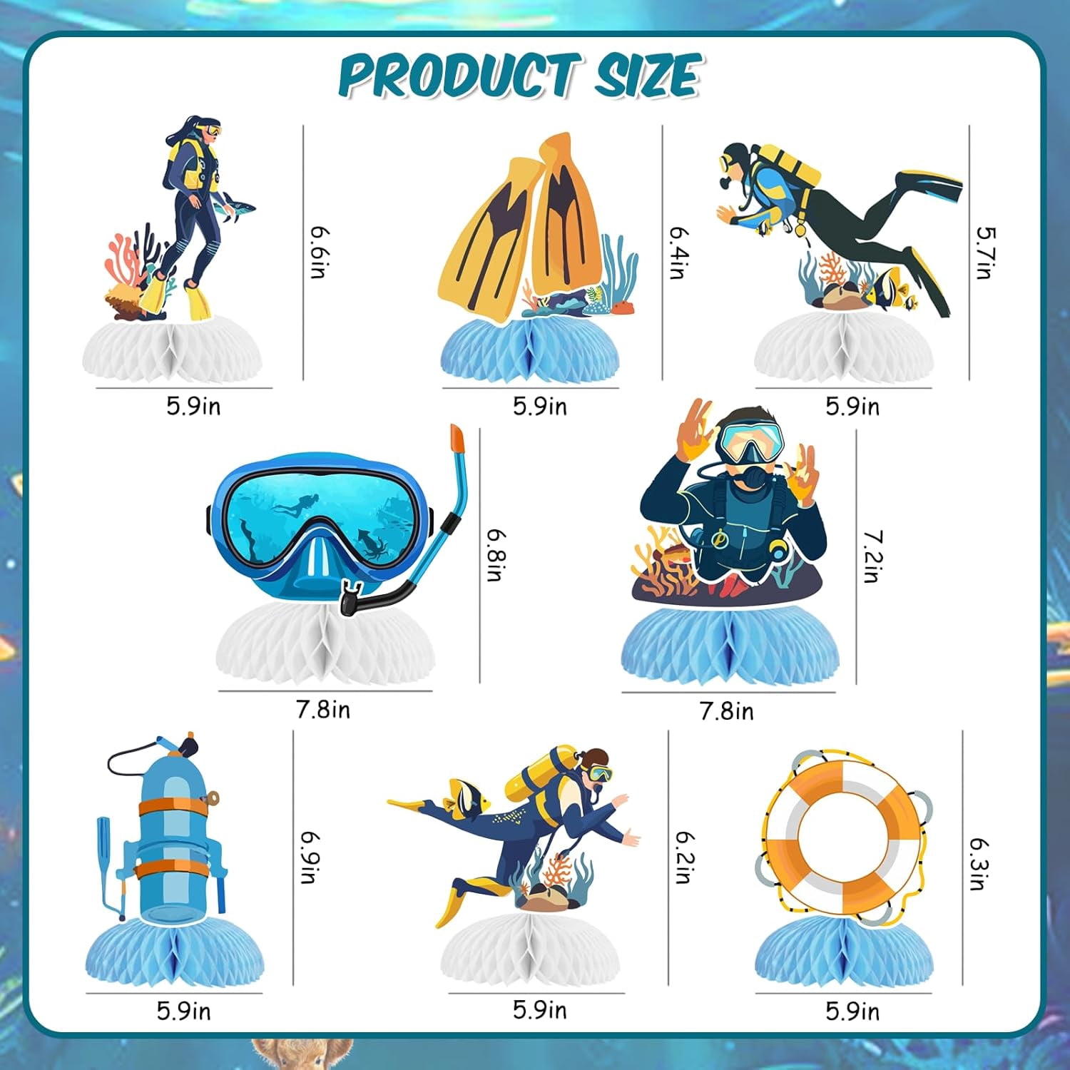 Scuba Diving Party Decorations, 8pcs Scuba Diving Honeycomb Centerpiece for Table Double-Sided Diving Table Centerpiece for Scuba Diving Birthday Baby Shower Underwater Ocean Summer Party