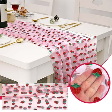 Shiny Glitter Table Cloth, Tulle Strawberry Pink Sheer, Lace Tablecloth for Party Decorations Shortcake Birthday Wedding Bridal Shower Party Home Kitchen Table Decor (29 x70 inch )