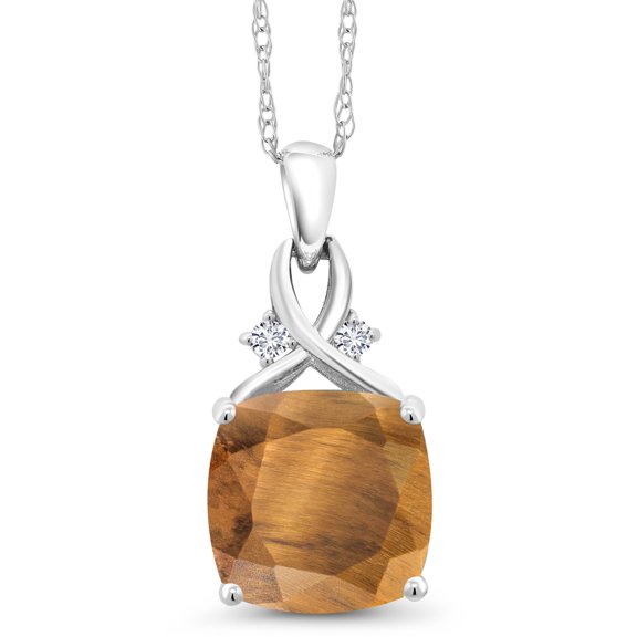Gem Stone King 10K White Gold Brown Tiger Eye and White Lab Grown Diamond Pendant Necklace for Women (3.54 Cttw, Gemstone, Cushion Cut 10MM, with 18 inch Chain)