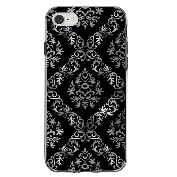 DistinctInk Clear Shockproof Hybrid Case for iPhone 7 8 SE (2020 Model) 4.7" Screen TPU Bumper Acrylic Back Tempered Glass Screen Protector - Black White Silver Grey Damask - Floral Damask Pattern