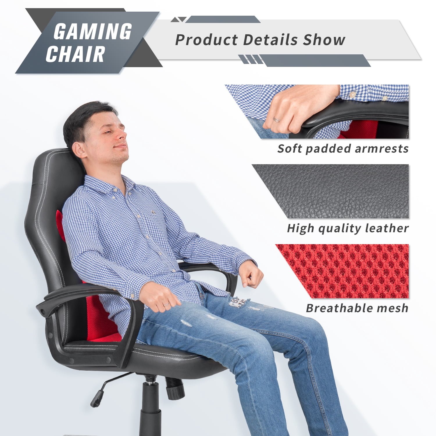 Furmax Faux Leather Gaming Chair Mid-Back Video Game Chair with Lumbar Support, Red