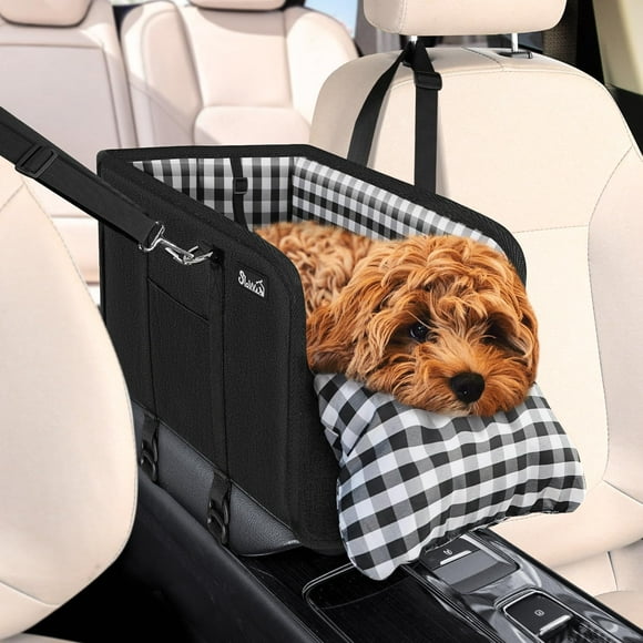 SlowTon Console Dog Car Seat, Pet Booster Seat for Car with Safety Belt and Soft Cushions, Anti-Collapse Center Console Dog Car Seat with Detachable Support Po