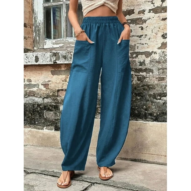 Pantalones casuales de mujer con bolsillos de color sólido, pantalones elásticos