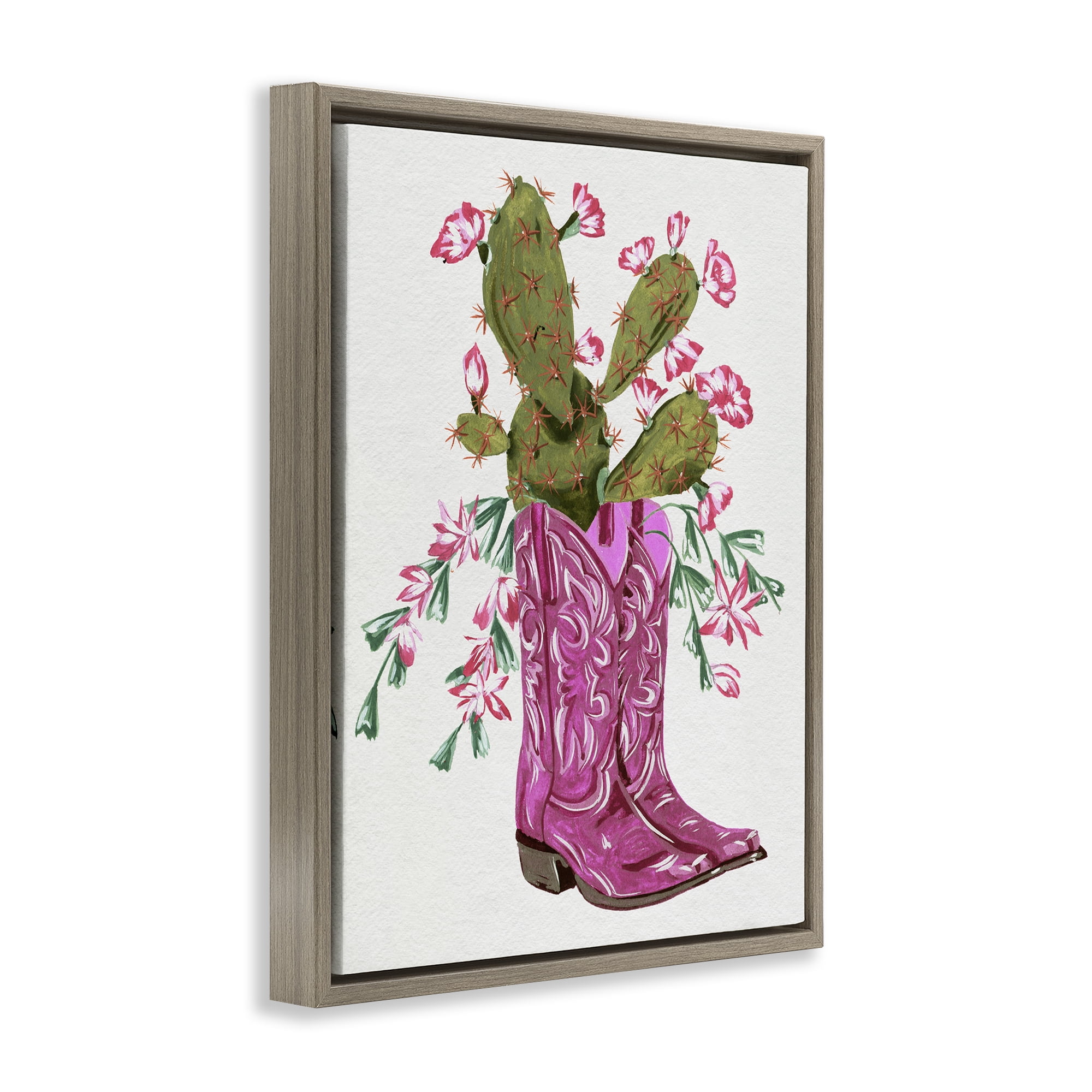 Stupell Industries Pink Accent Cactus & Boots Plants & Flowers Painting Brown Floater Framed Canvas Art Print Wall Art, 25 x 31