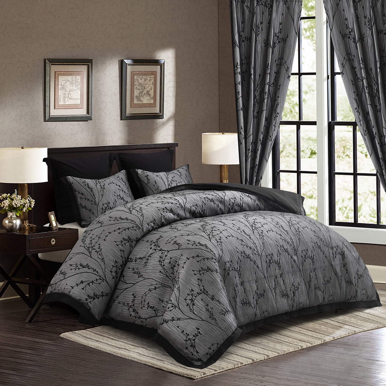 HIG Burgundy Jacquard Patchwork Comforter Set with Matching Curtains, Bed in a Bag King