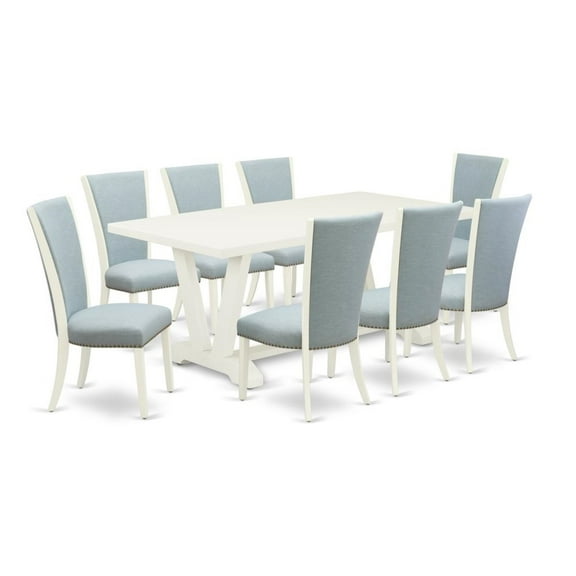East West Furniture V027VE215-9 9 Piece Kitchen Table Set - 8 Baby Blue Linen Fabric Dining Room Chairs with Nail Heads and Linen White Modern Kitchen Table - Linen White Finish