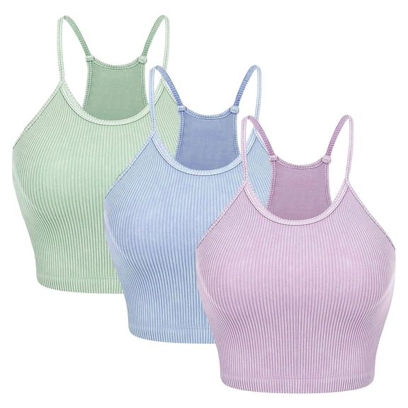 Moclever 3 Pack Women Crop Summer Tank Top Ribbed Knit Sleeveless Round Neck Machine Wash Crop