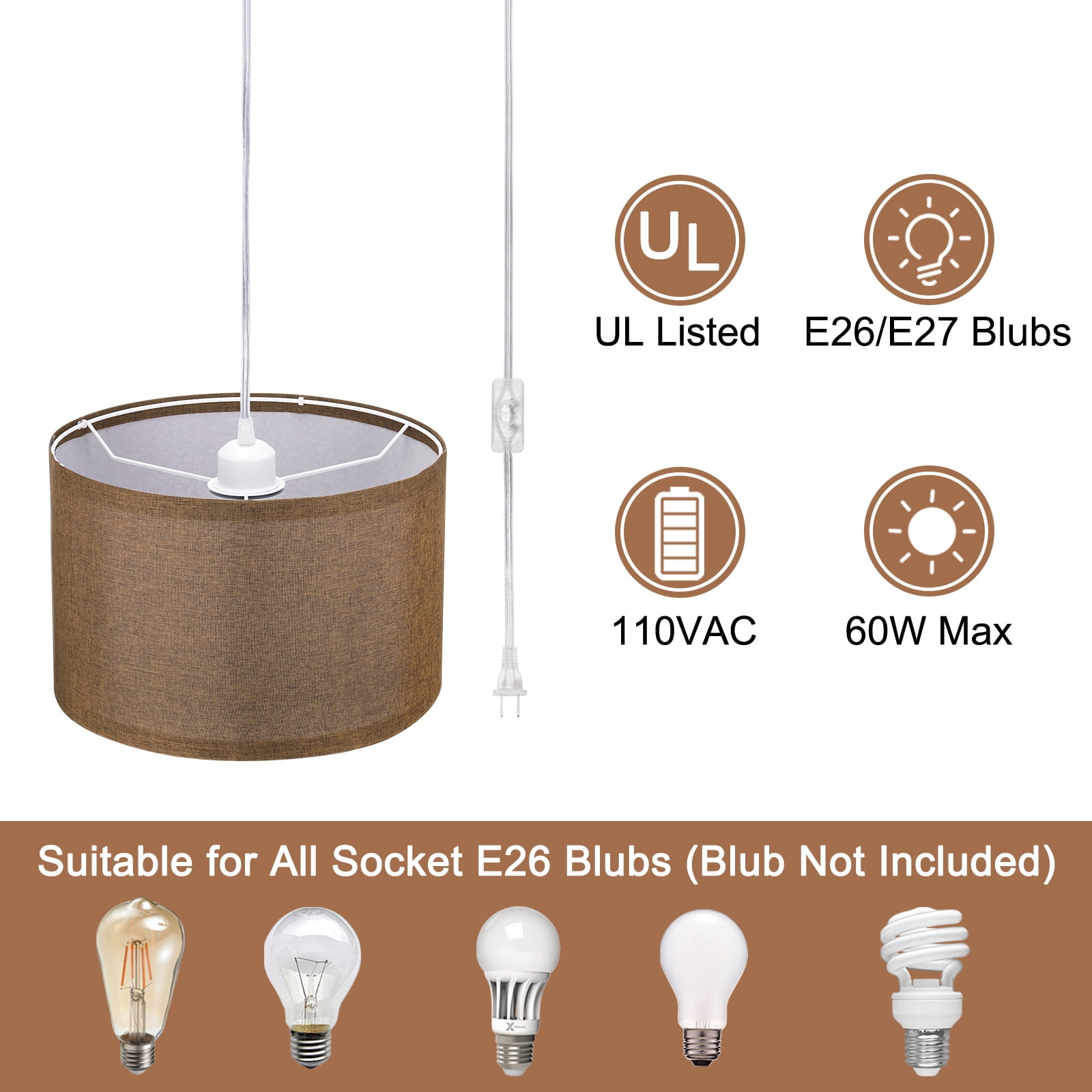 Uxcell Plug in Pendant Light, 15Ft Rope Cord Hanging Lamp Fixture for Bedroom Kitchen Living Room, Coffee