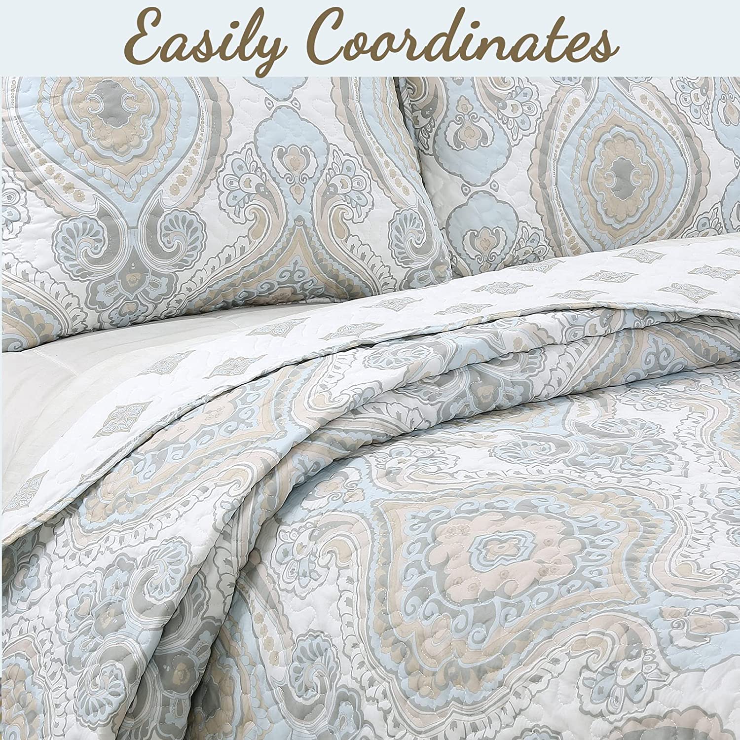 Cozy Line Home Fashions Sky Blue Brocade Medallion Microfiber Quilt, King - Reversible