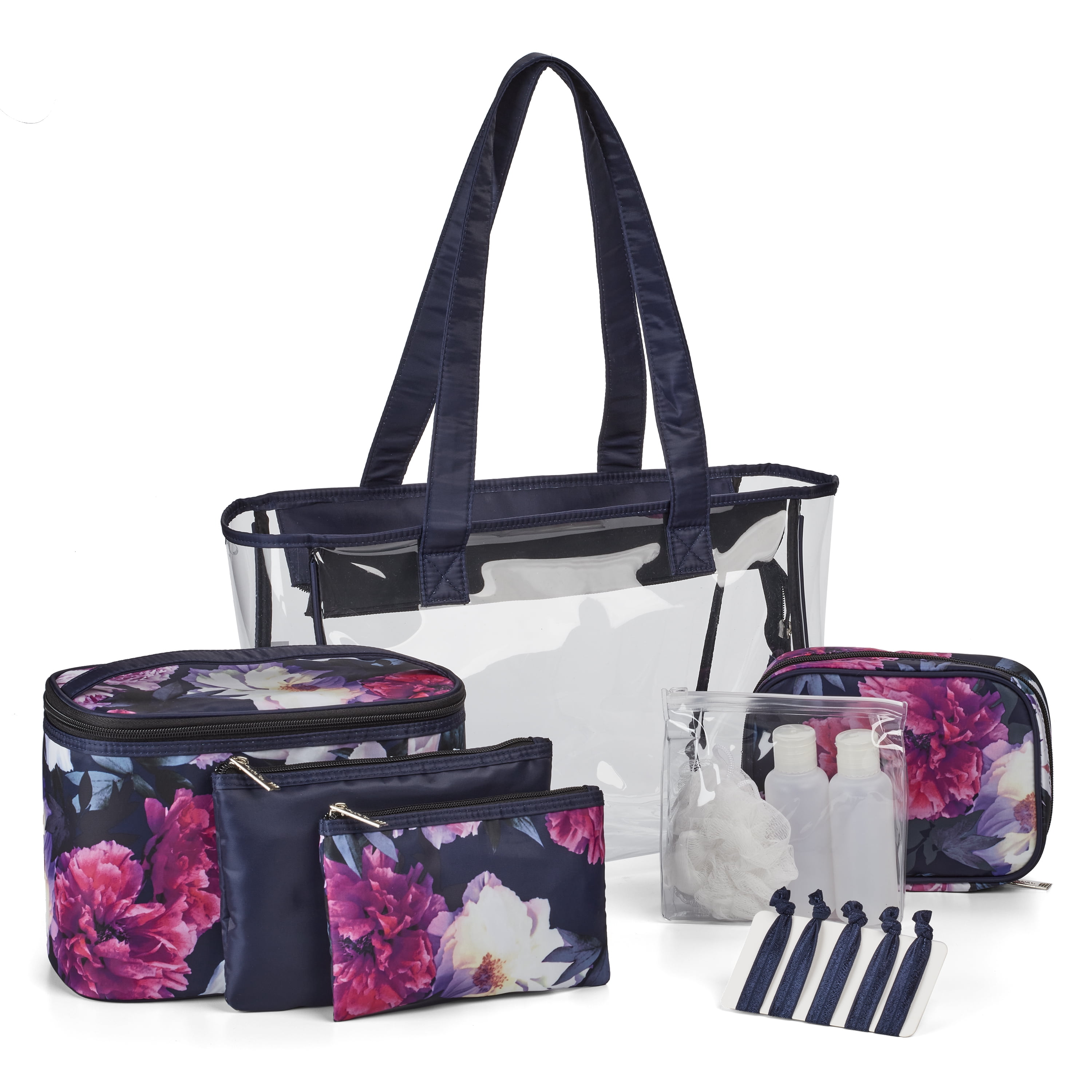 Modella Deluxe 14-Piece PVC Travel Tote with Pink Floral Train Case, Accessory Pouches, Bath & Shower Essentials, Cosmetic Clutch, and Hair Elastics in Midnight Blue and Signature Silver Hardware