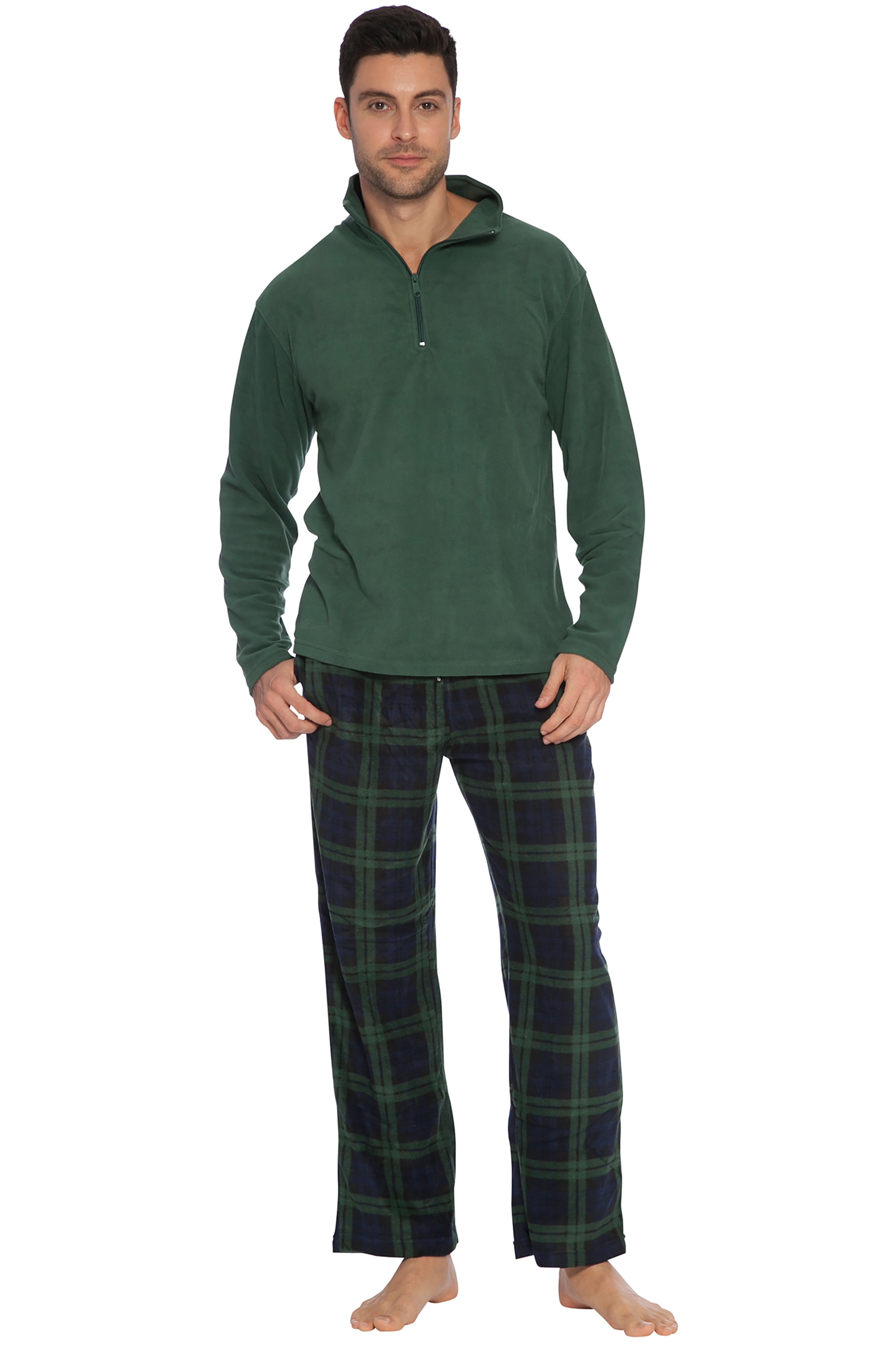 INTIMO Mens Black Zipper Top Pajama Set, Green Medium