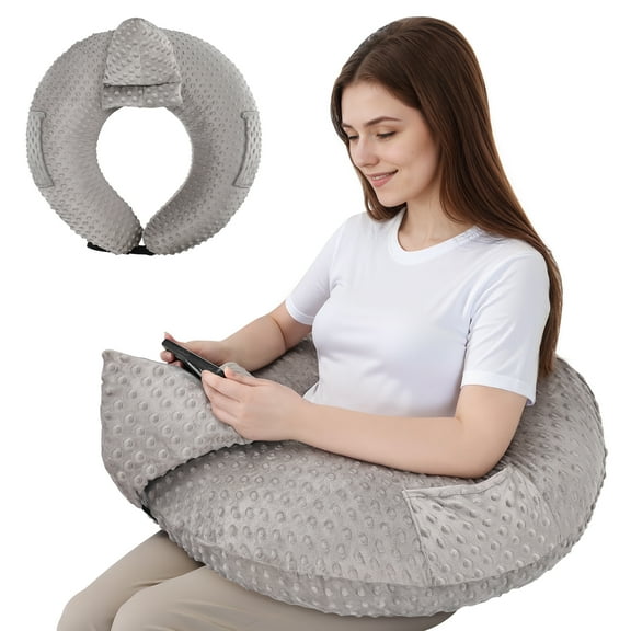 Reading Pillow for Gaming, Lap Desk Pillow for Sitting in Bed or Sofa, Compact Arm Support Pillow for Reading, Playing or Crocheting,  Grey