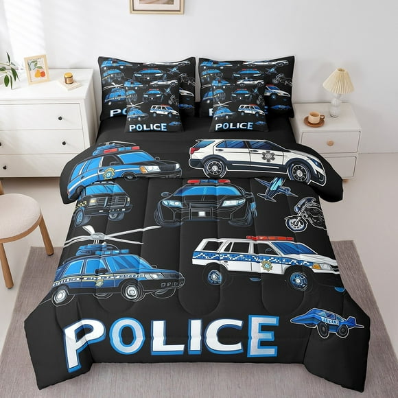 7 Piece Police Car Queen Bed in a Bag Blue Red Cop Lights Decor Bedding Sets for Boys Girls Policeman Vehicle Comforter Set with Sheets Geometric Stripes Bed Set Cartoon Police Car Sheets