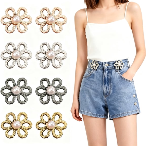 8Pcs Jean Waist Tightener Buttons, No Sewing Adjustable Waist Clip Set Jean Buttons for Loose Jeans and Pants, Flower Waist Cinching Button for Women
