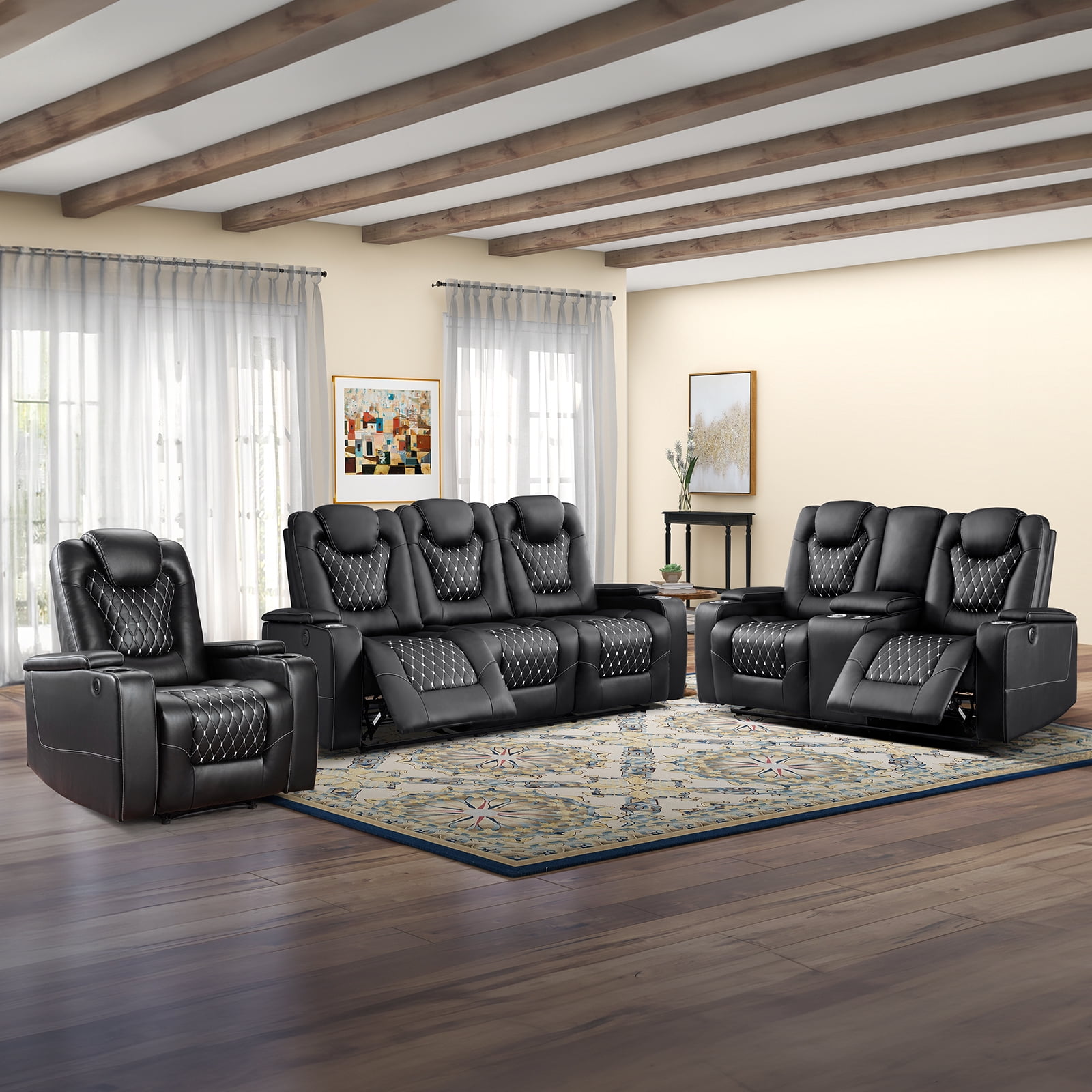 Bonzy Home Electric Power Recliner Chairs Sofa Set Theater Seating with Console Living Room Furniture Set, Cup Holders, Hidden Arm Storage, USB Ports Black