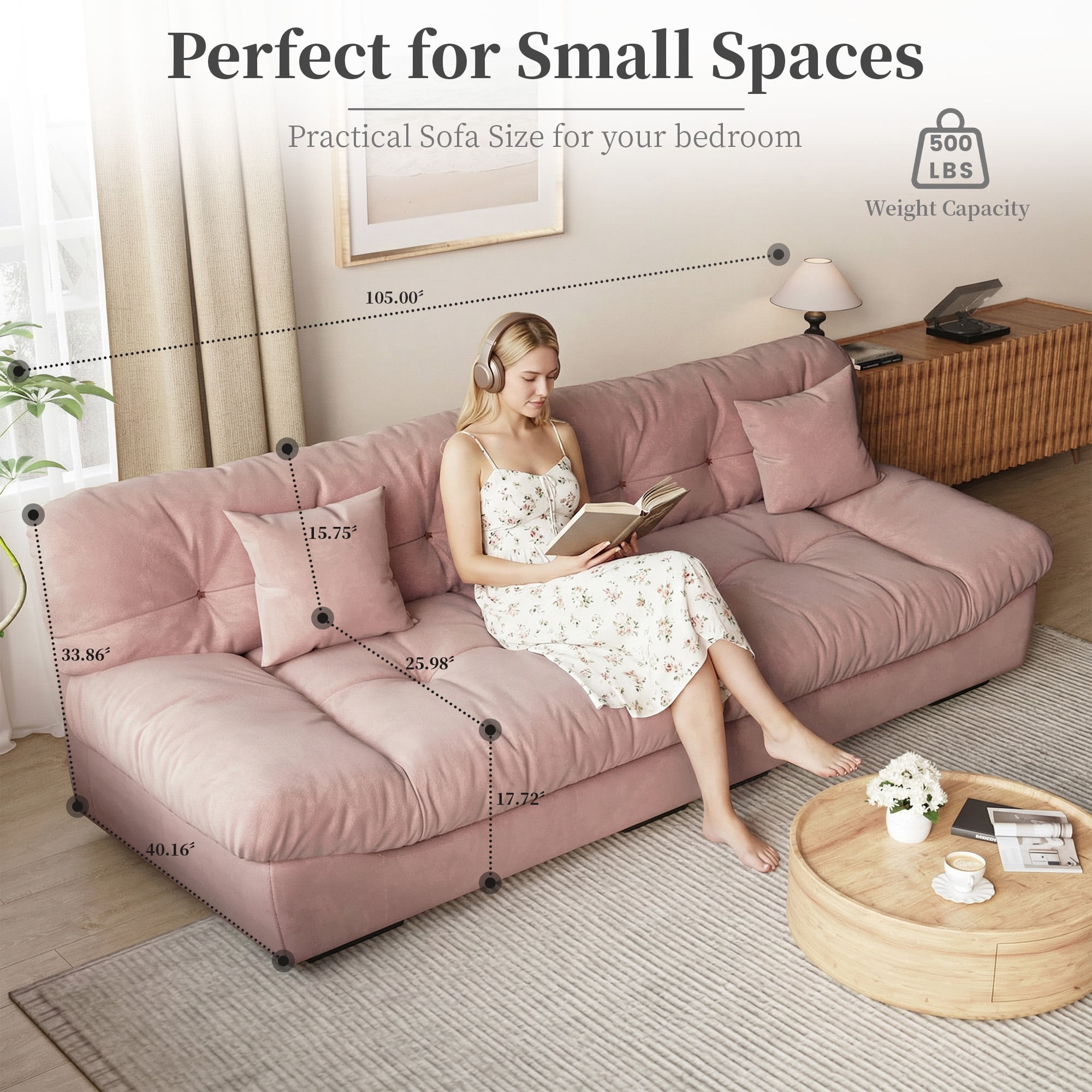 Magic Home 105" Cloud Sofa,Modern Velvet Couch,3-Seat Sofa for Living Room,Apartment and Small Space,Pink