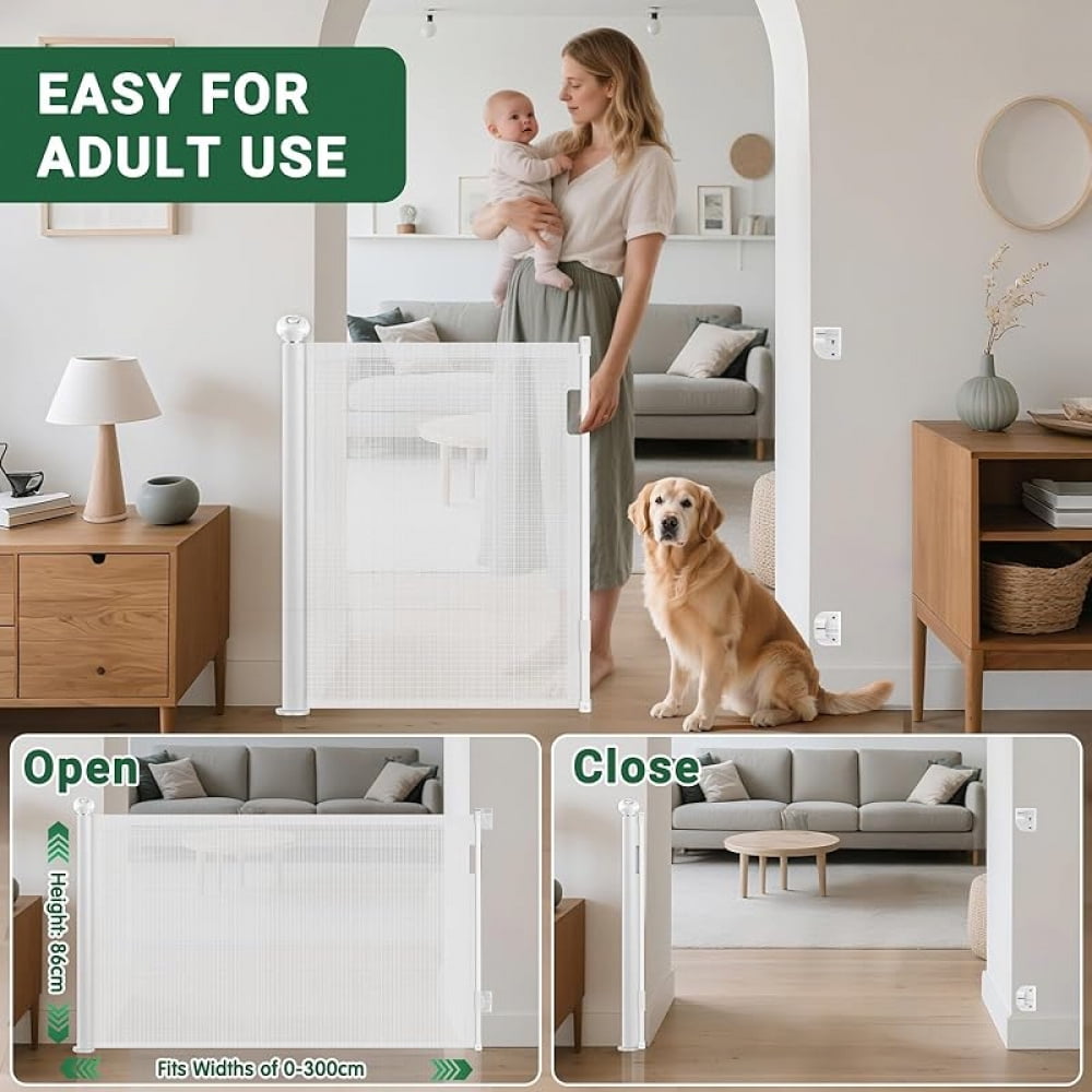 Retractable Pet Gate, Extra Wide Safety Pet & Baby Gate, 33” Tall Extends to 118” Wide, Mesh Safety Dog Barrier for Stairs Indoor Outdoor Doorways Hallways