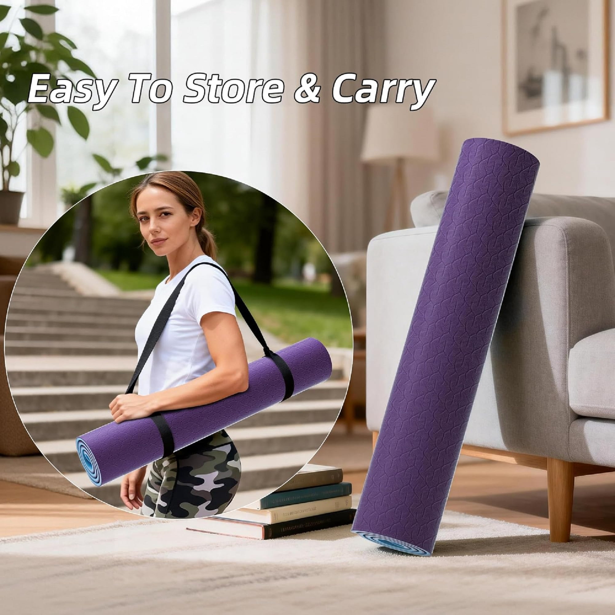LAMEI Yoga Mat Thick 10mm, 31.5" Extra Wide for Men and Women, Non-Slip TPE Exercise Matt, Two Tone Fitness Mats with Straps for Carrying(Purple+Blue)