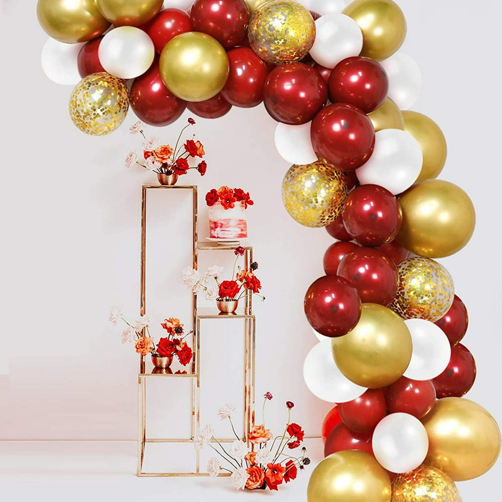 Red and Gold Confetti Balloons, 12 inches Metallic Gold and White