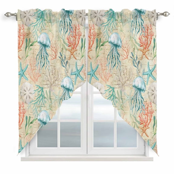 Teal Red Coastal Swag Valances for Windows, Kitchen Curtains 36 Inch Length 2 Panels Set, Jellyfish Nautical Beach Coral Starfish Short Curtains for Small Windows Rod Pocket Cafe Curtains 28"x36"
