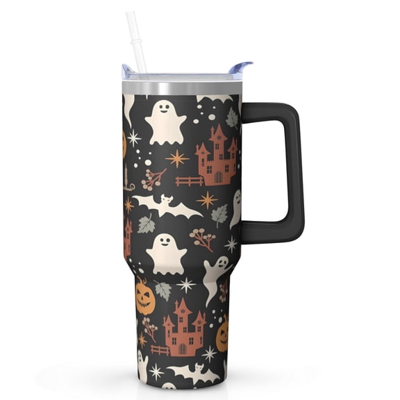 Halloween Design 40oz Tumbler w/Handle - Ghosts/Pumpkins Double Wall Insulated Stainless Steel Cup, Leakproof Lid, Gift Ready