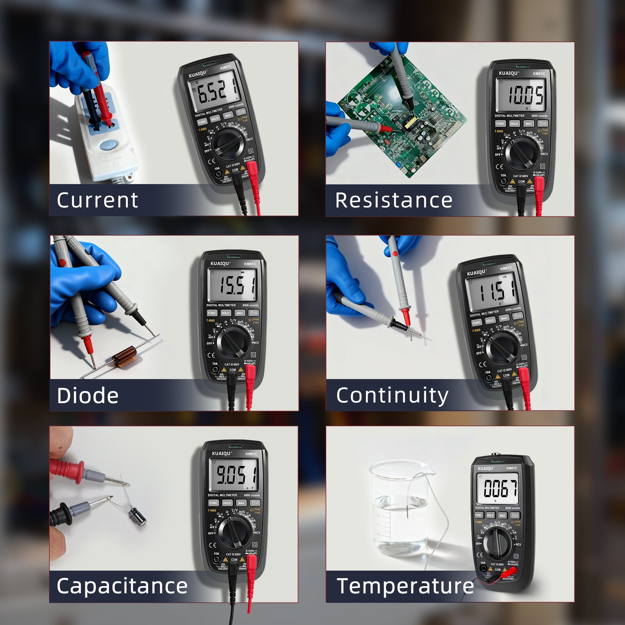 KUAIQU Digital Multimeter TRMS 600V AC/DC Voltage Tester 6000 Counts NCV Ohmmeter Measures Resistance Capacitance Frequency Temperature Diodes Suitable for Electronics HVAC Multimeter KM61C