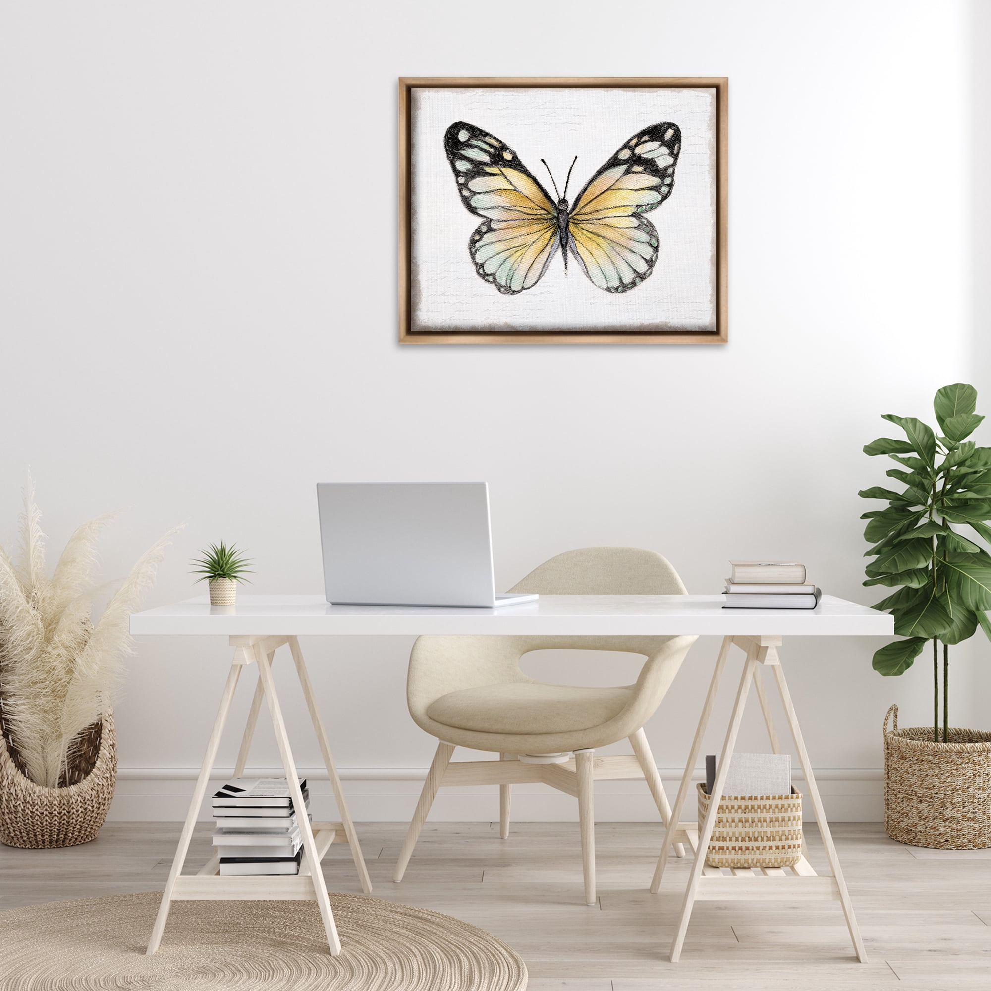 Stupell Industries Country Butterfly on White Animals Painting Brown Floater Framed Canvas Art Print Wall Art, 31 x 25