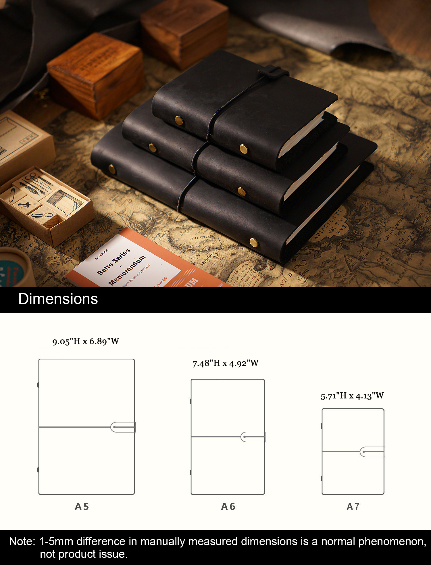 KISSKI·H Olvido A5 Leather Travelers Notebook, Refillable Writing Journal for Men/Women, 6 Ring Binder Notepad Holder with Lined, A5 Leather Cover, Handmade Diary Planner Organizer, 9x6.9in, Black