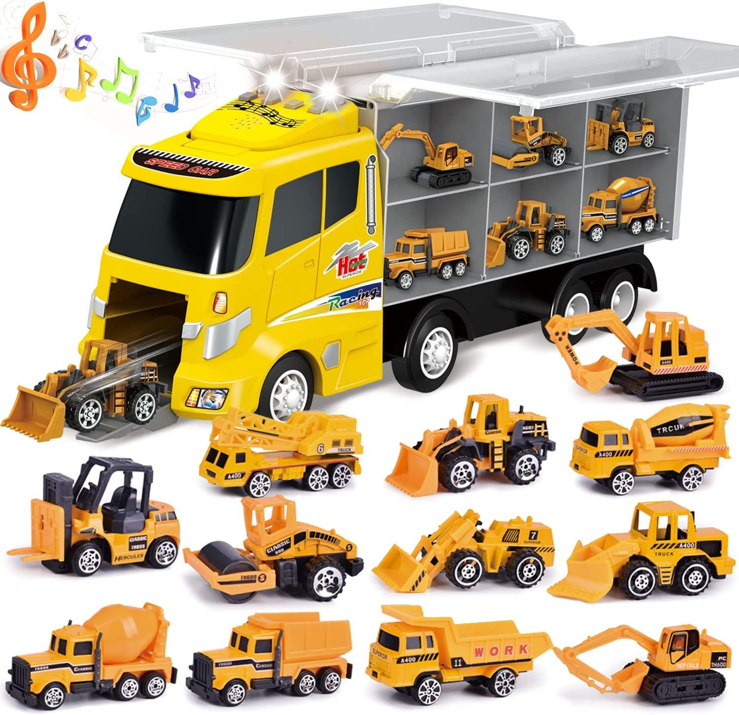 Fun Little Toys 12 in 1 Construction Trucks Toy Cars for Toddlers, Mini