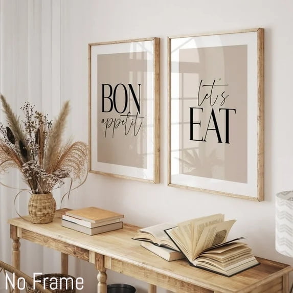 2 Pieces Bon Appetit Let's Eat Print Poster Wall Art Canvas Artwork Wall Decor Beige Prints Painting Art Prints Picture Dining Room Kitchen Decoration No Frame