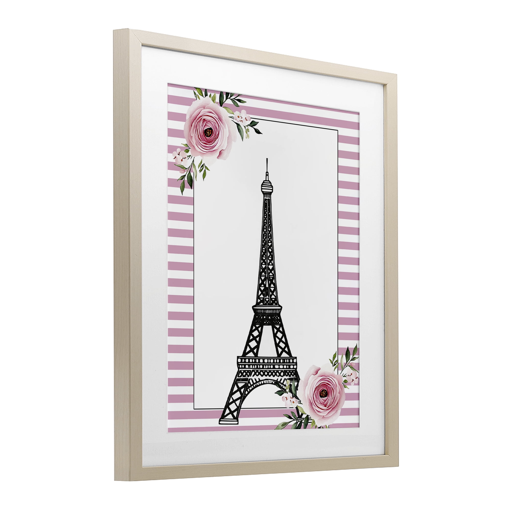 Parisian Tower & Roses Birch Framed Print Under Glass, design by Christine Simpson Art