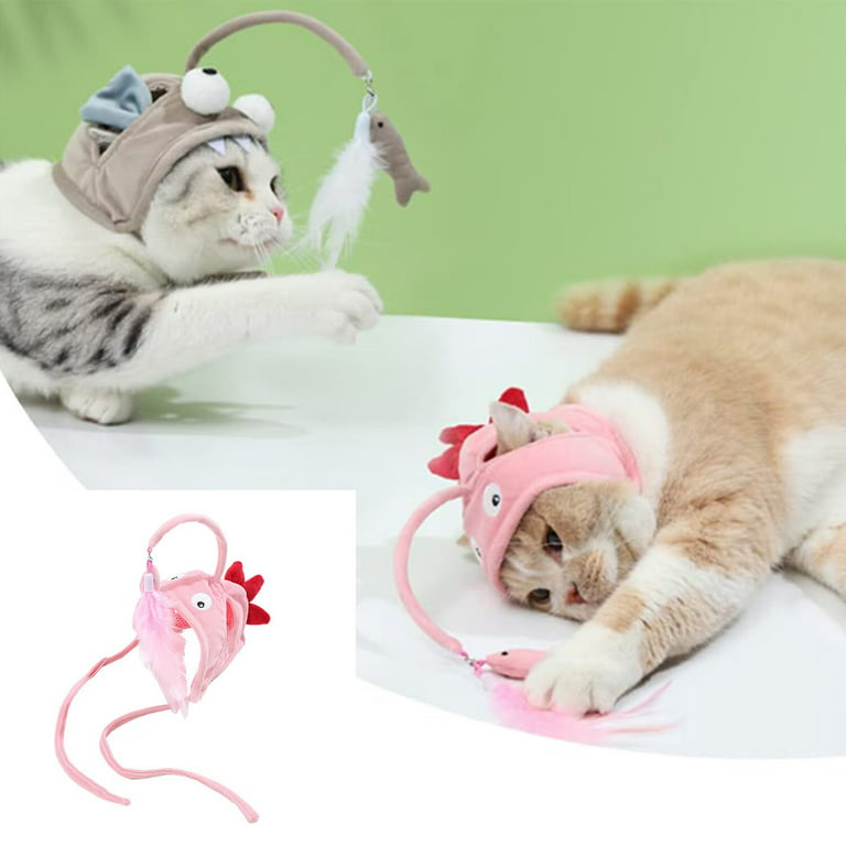 Angler Fish Cat Hat,Cat Costume Fish Hat Pet Cat Teaser Toy Hat, Head  Mounted Cat Headgear Interactive Cat hat Feather Toy Pink 