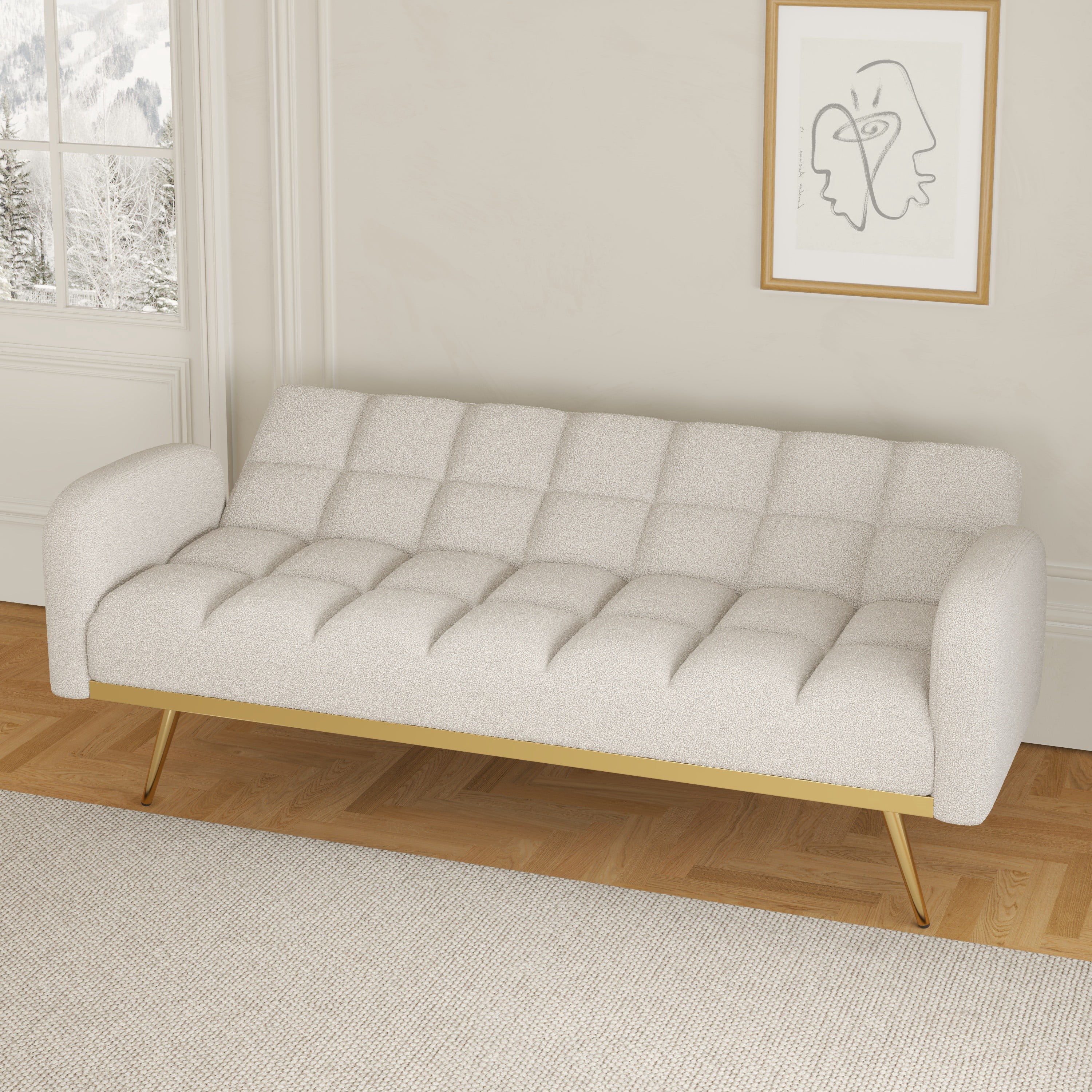 69 inch Futon Sofa Bed Teddy Fleece Convertible Couch Bed with 2 throw pillows Adjustable Sofa for Apartment Small Space,Beige