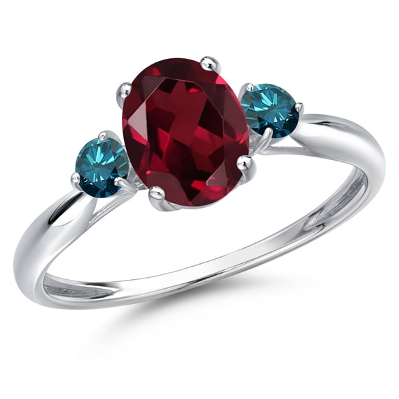 Gem Stone King 10K White Gold Red Rhodolite Garnet and Blue Diamond 3-Stone Ring for Women | 1.55 Cttw | Oval 8X6MM | Gemstone January Birthstone | Size 8