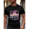 thumbnail image 1 of Camiseta de manga corta para hombre, estilo casual, con palmeras y coche negro, cuello redondo., 1 of 8