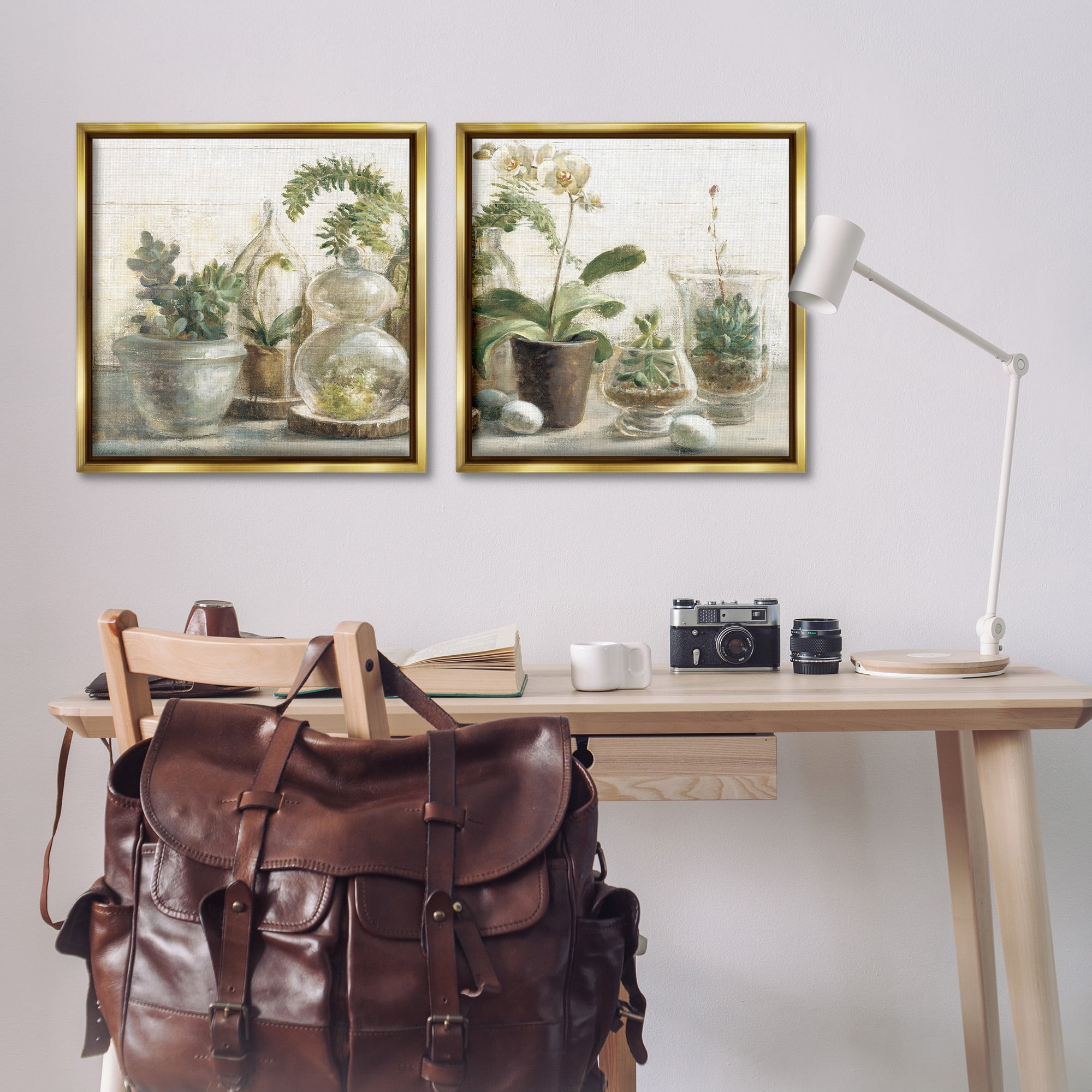 Stupell Industries Succulent House Plants Country Charm Botanical & Floral Painting Gold Floater Framed Canvas Art Print Wall Art, 25 x 25, Set of 2
