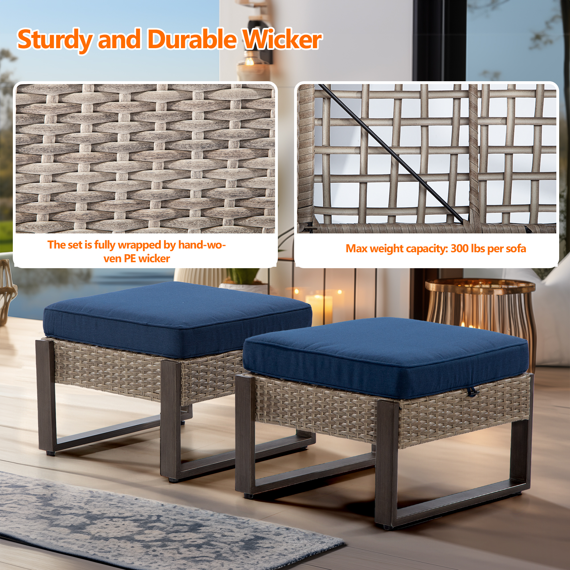 Meetleisure 2-Piece Outdoor PE Rattan Ottomans with Removable Cushions, Navy