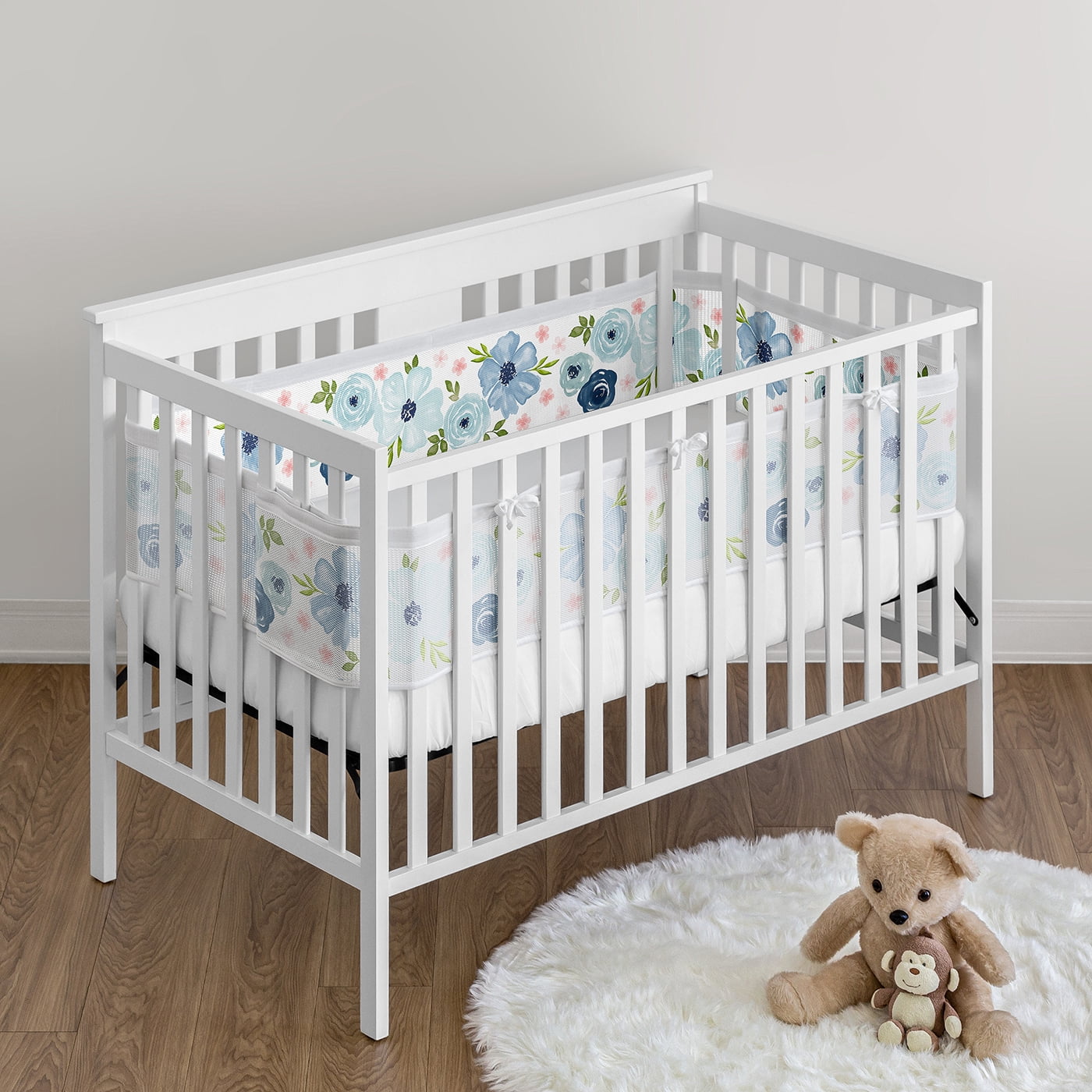 Sweet Jojo Designs + BreathableBaby Watercolor Floral Blue Pink White Breathable Mesh Crib Liner Pad