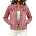 thumbnail image 3 of Women's Solid Color Long Sleeve Denim Button Front Jacket Multi-Pockets Casual Trucker Coat Soft Lightweight Work Office Outfits | CSEONE,Pink S, 3 of 9