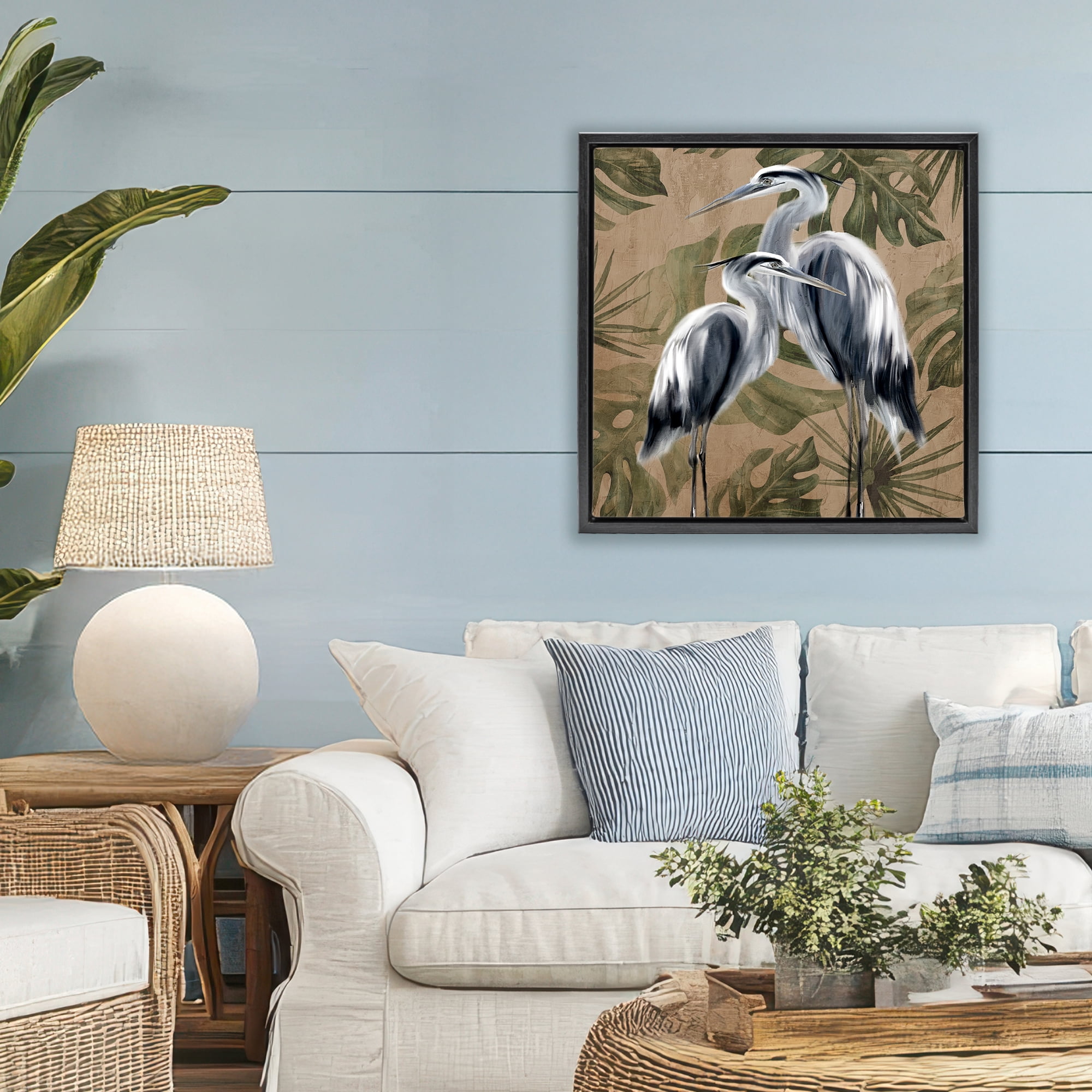 Stupell Industries Two Herons over Tropical Leaves Black Framed Floater Canvas Wall Art, design by Kim Allen