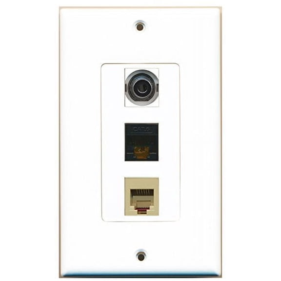RiteAV - 1 Port Phone RJ11 RJ12 Beige and 1 Port 3.5mm and 1 Port Cat6 Ethernet Black Decorative Wall Plate Decorative