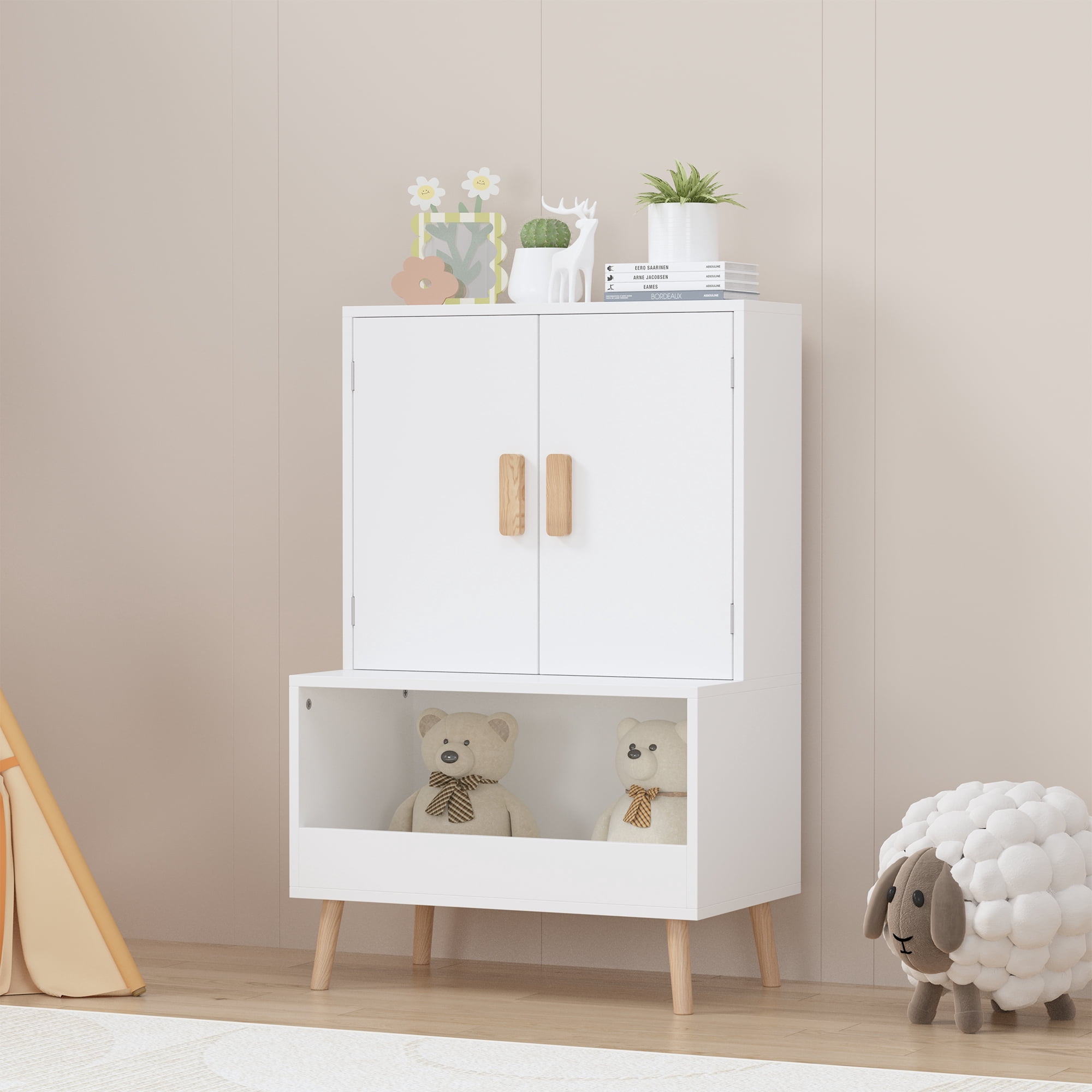 Yoneston Kids Storage Cabinet with Doors and Open Shelf, Modern Toddler Wardrobe Toys Organizer Cabinet for Nursery, Playroom, Bedroom, White