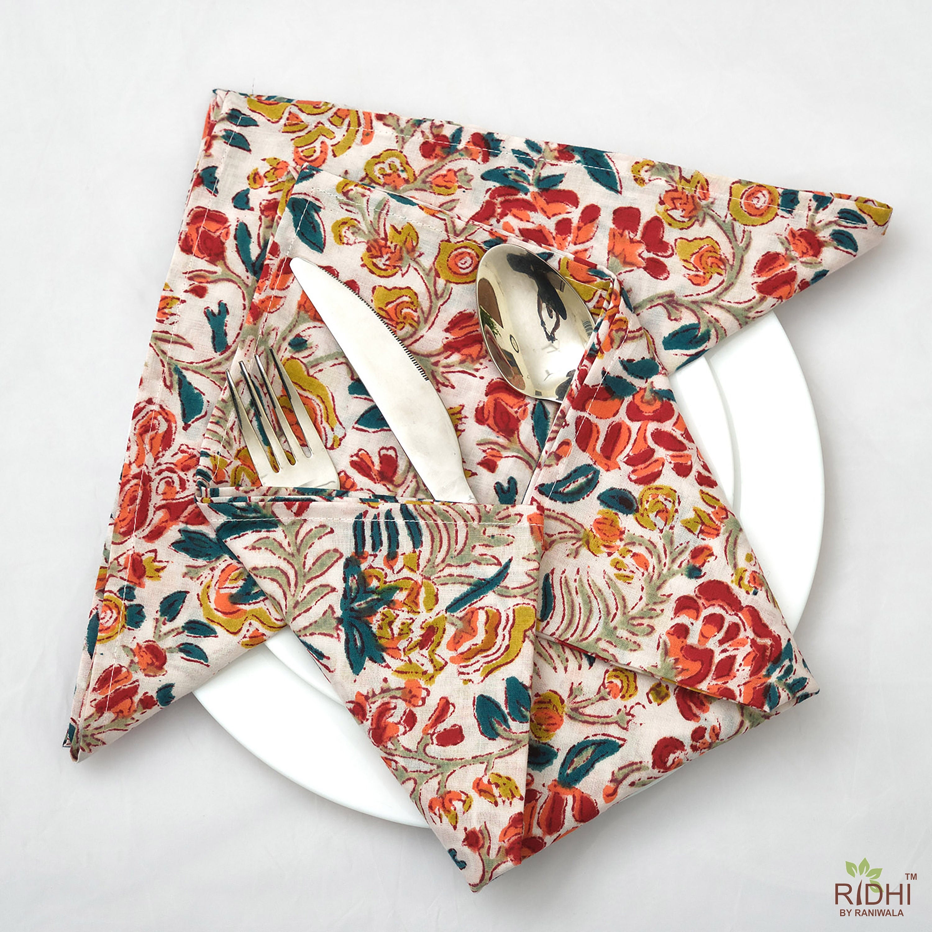 Sangria Red, Ginger Orange, Pine Green Floral Indian Hand Block Printed