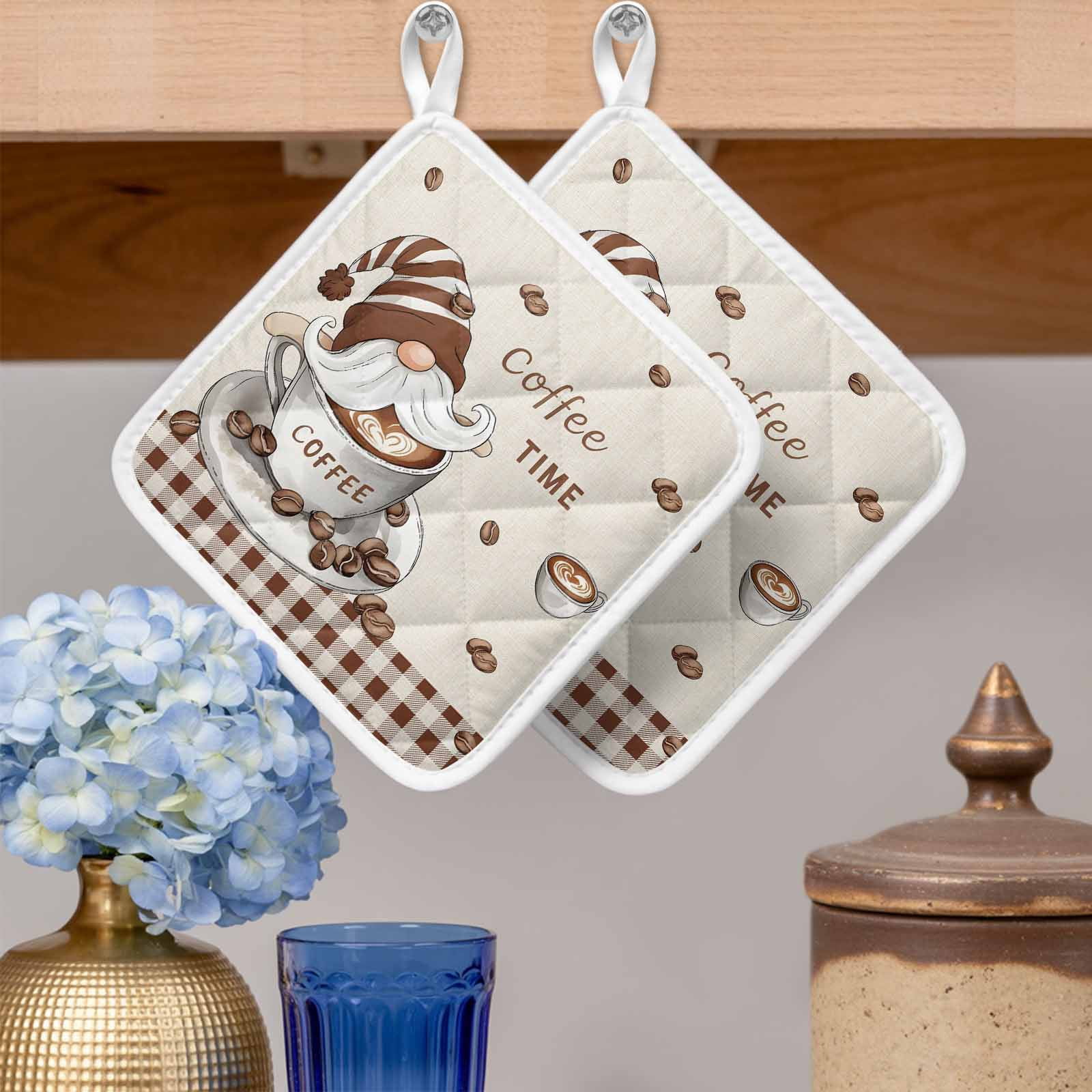Coffee Gnomes Pot Holders for Kitchen Heatproof Potholder, 3 Pack Brown Buffalo Plaid Check Farmhouse Hot Pads Multipurpose Oven Pads Cloth Potholders Trivet for Cooking Baking