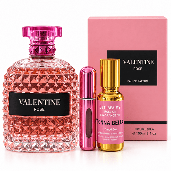 Geti Beauty Valentine Rose Perfume Gift Set for Women – 3.4 Fl Oz Eau de Parfum, 0.5 Fl Oz Donna Bella Roll-On Fragrance Oil & Refillable Travel Atomizer – Floral, Warm and Woody Scent